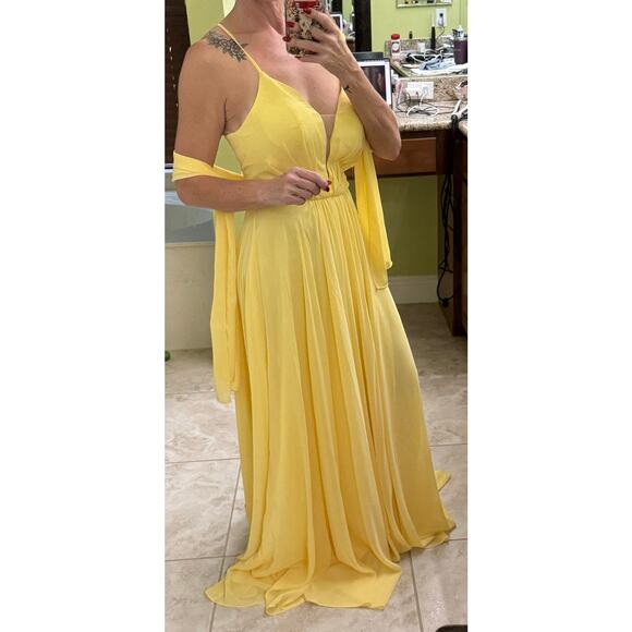 Abby Paris formal Gown 8 Butter Cup yellow Illusion plunging open back NWT $338 - Picture 11 of 15